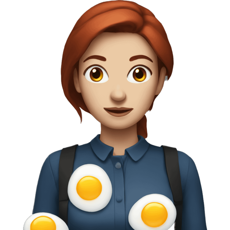 Woman with dark red hair, blue eyes holding fried eggs emoji