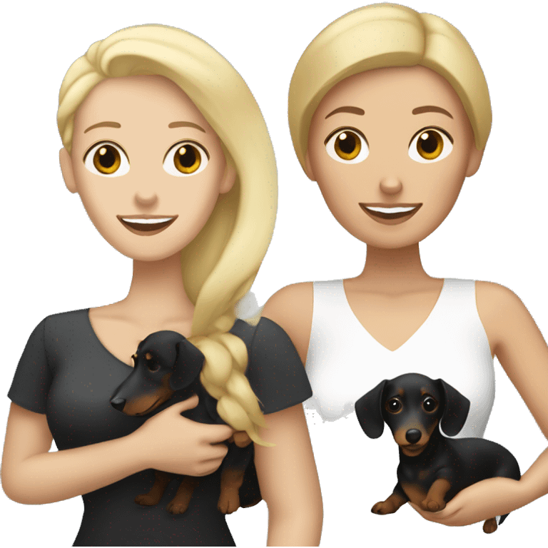 Blonde white woman and Brunette white woman holding black and tan dachshund emoji