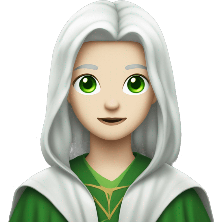 teenage white-skinned wizard with black hair green eyes in green disgue emoji