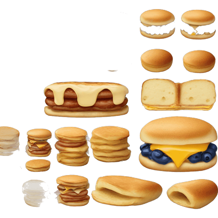 A sausage and cheese breakfast sandwich with blueberry pancakes as the bun. emoji