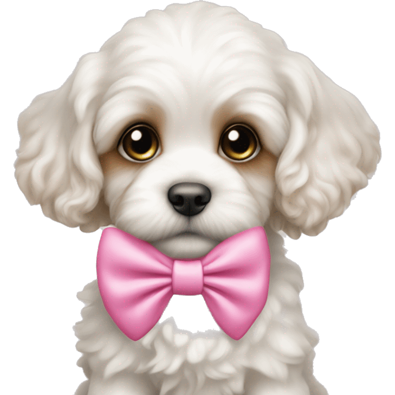 adorable white cavapoo puppy with pink bow emoji