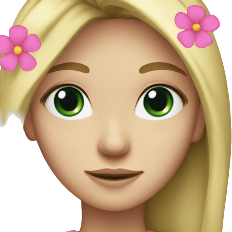 Young woman, long blond straight hair, dark green eyes and a pink flower in her hair  emoji