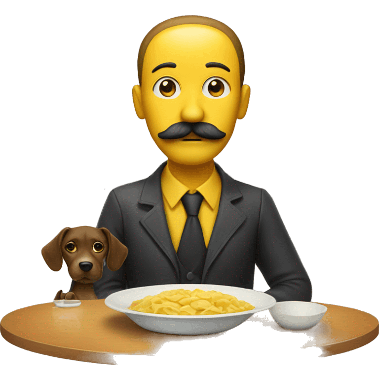 A yellow skinned man with mustache with a plate in front of him on a table. there is a dog on the table. emoji