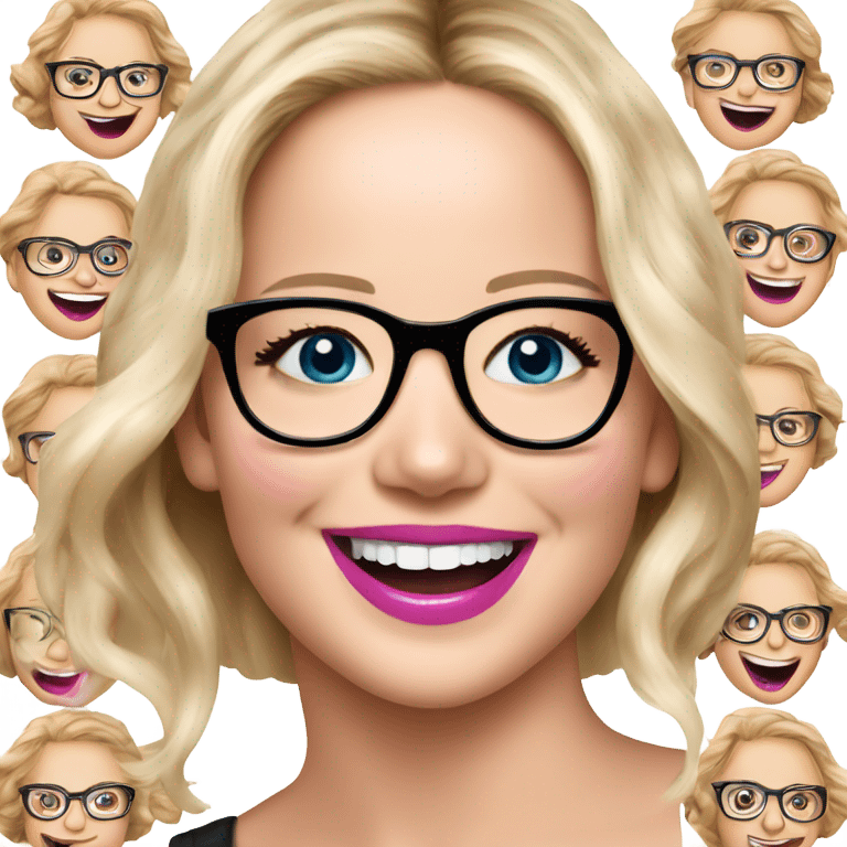 Happy laughing Jennifer Lawrence,  blue eyes wearing glasses and pink lipstick  emoji