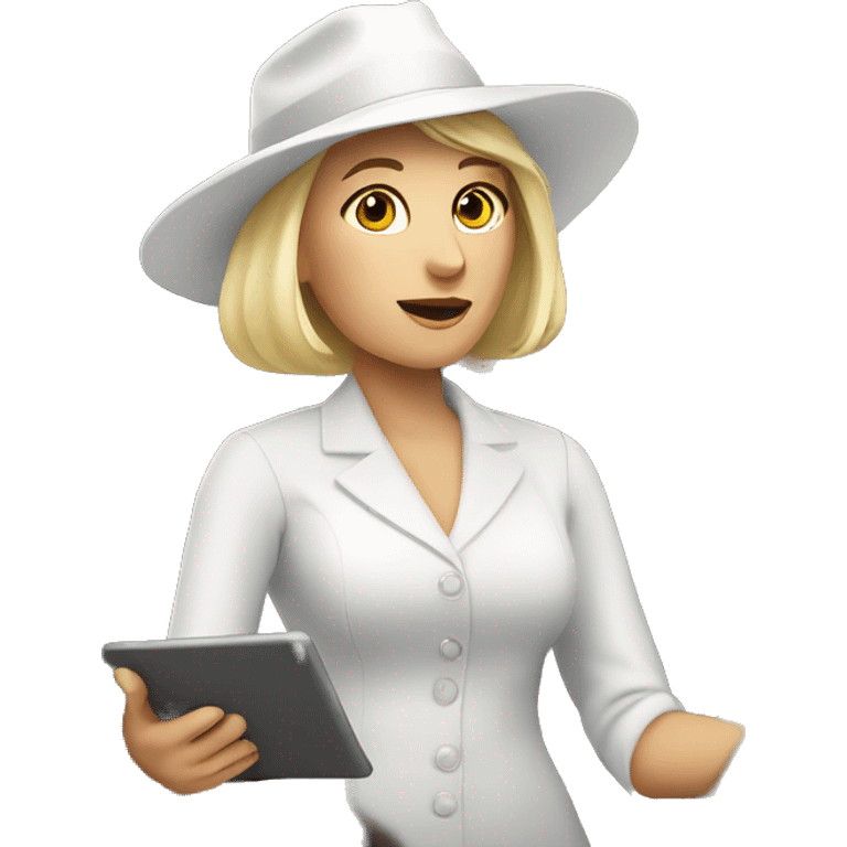 a woman in a white hat with a tablet in her hand is standing in the audience emoji