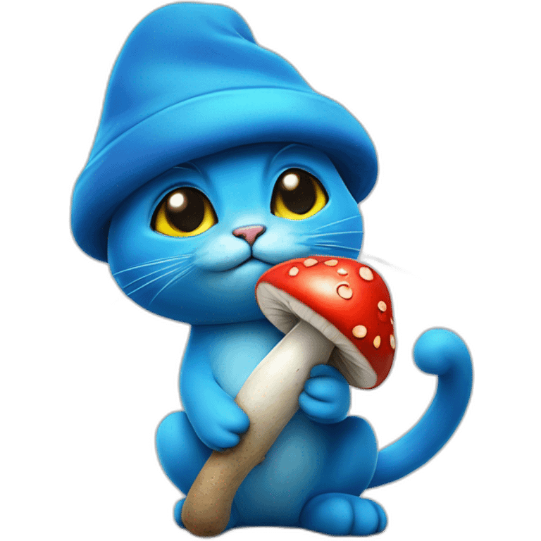 blue smurf cat with a mushroom fungai hat, with berries on his back and a stick poking into the berries with a snail poked into it emoji