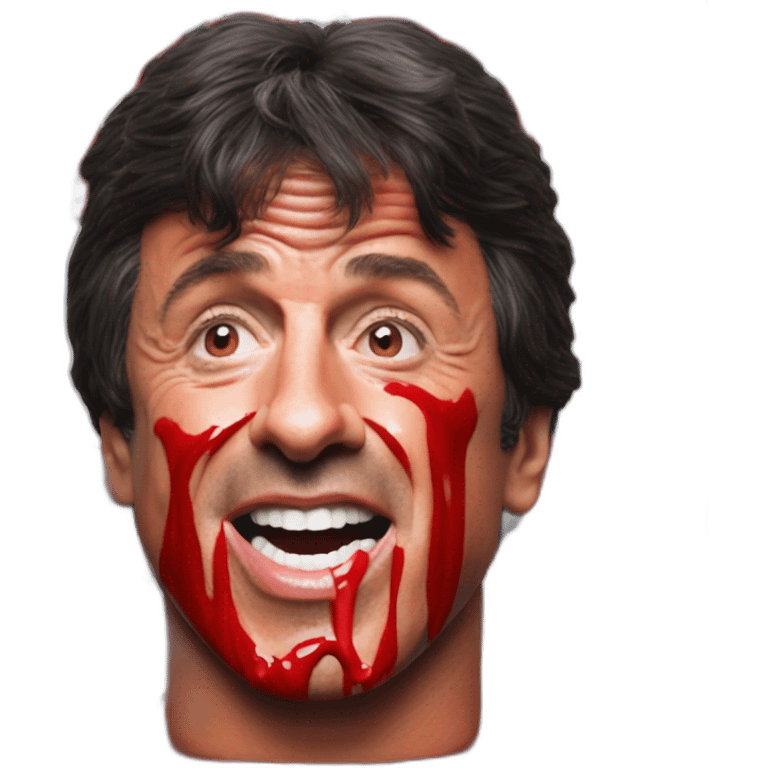 Sylvester Stallone Rambo covered in red paint eating chocolate in a primary school emoji