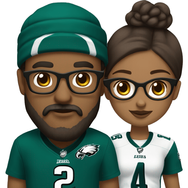 Brown guy with beard and mustache holding hands with a brown girl wearing glasses and hair in a bun in Philadelphia eagles clothing  emoji