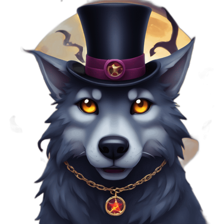 demonic wolf with a pentagram top hat and a pentagram chain with a haunting night background emoji