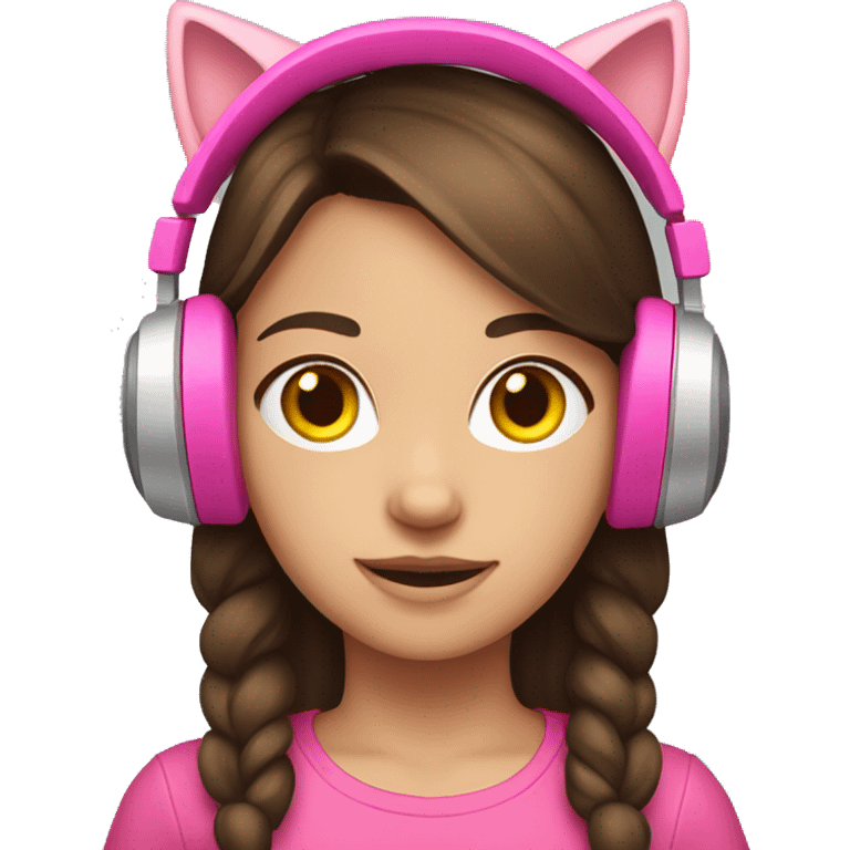 young brunette haired girl wearing pink cat headphones   emoji