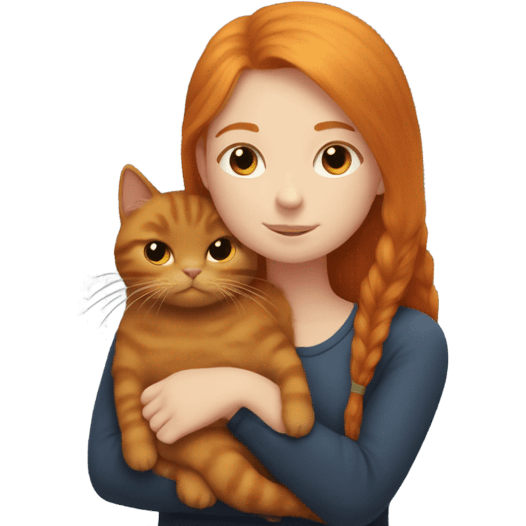 Ginger girl with straight hair cuddling with a very fluffy black cat  emoji