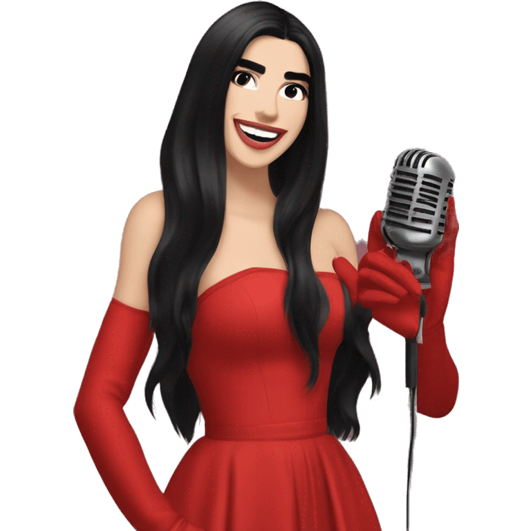 Dua Lipa, with long black hair, in red gown with red gloves smiling, singing with an old microphone emoji