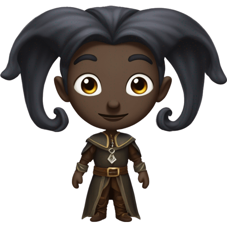  A black male high elf that is a witch fortune teller that has large, pointed ears with long black curly hair past his back emoji