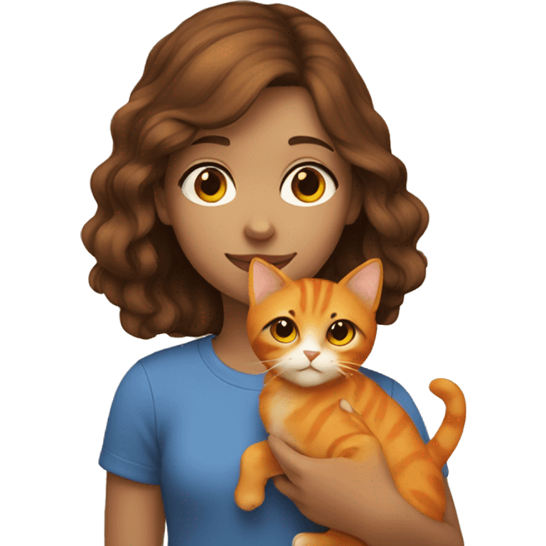 Girl with brown hair holding an orange cat emoji