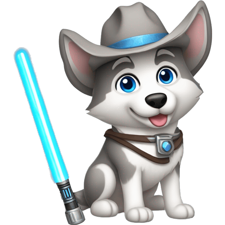 Gray Siberian Husky with blue eyes Jedi holding lightsaber cowboy hat  emoji