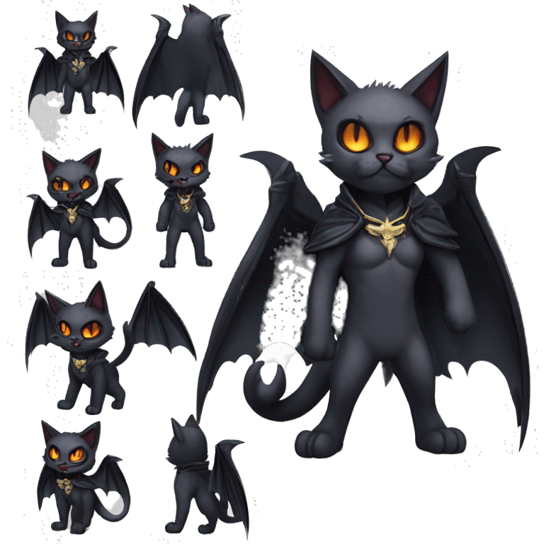  cool edgy fantasy dark-themed animal vampiric cat-hybrid Fakemon with fangs and bat-wing-ears with a collar full body emoji