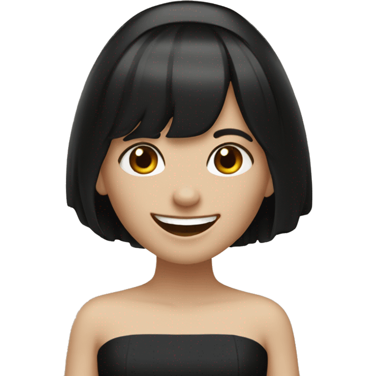 bride with very pale skin dark brown straight short hair black dress and bangs laughing emoji