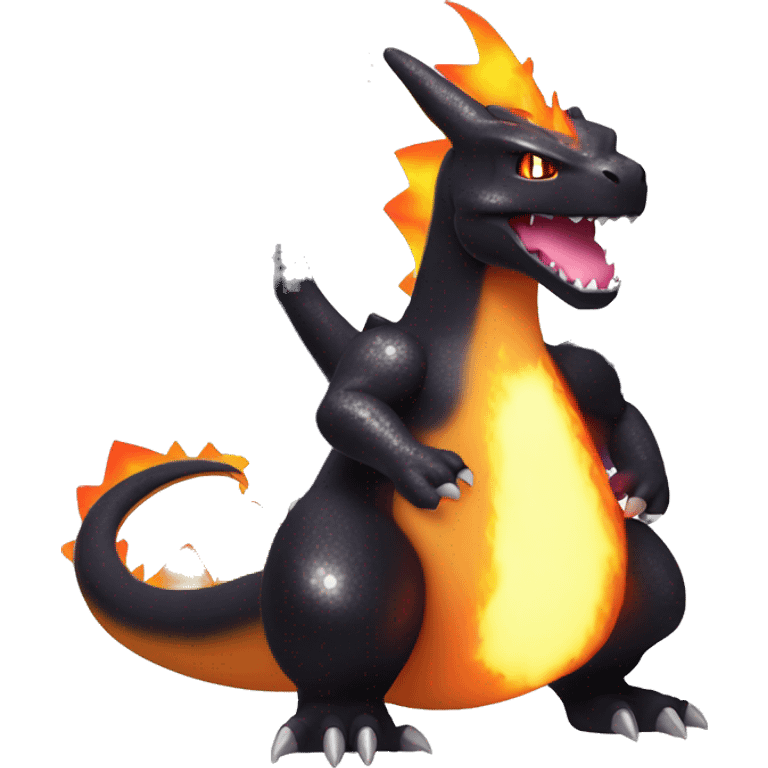 Black shiny sparkly Charizard-Fakémon with purple flame on tail emoji