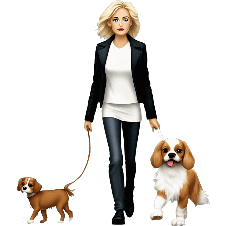 Young sharon stone in basic instinct walking with cavalier King Charles spaniel  emoji