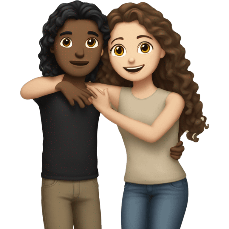 Make a white girl with black long and straight hair hugging a tan boy with brown curly hair emoji