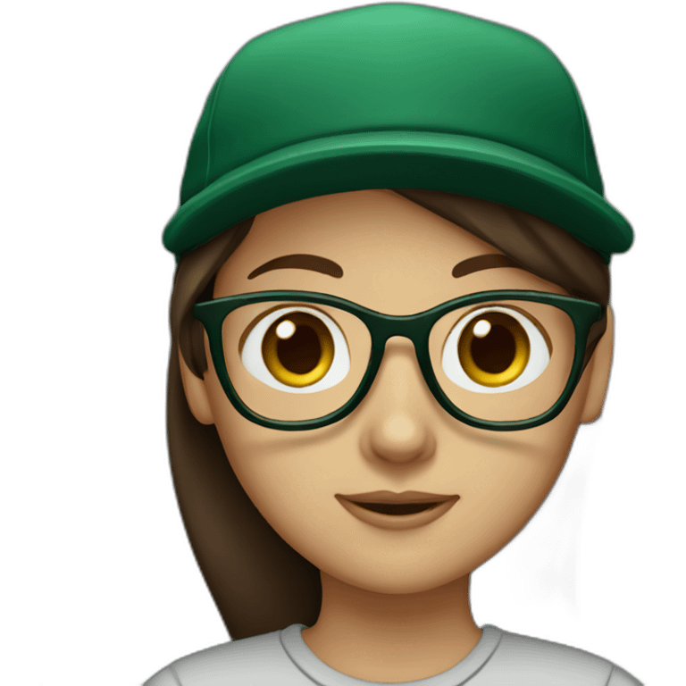 Brown haired girl with dark green cap and glasses emoji