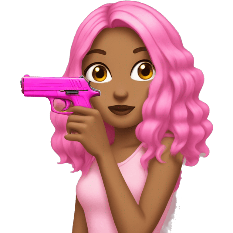 Tan Girl hand pink nails holding pink gun emoji