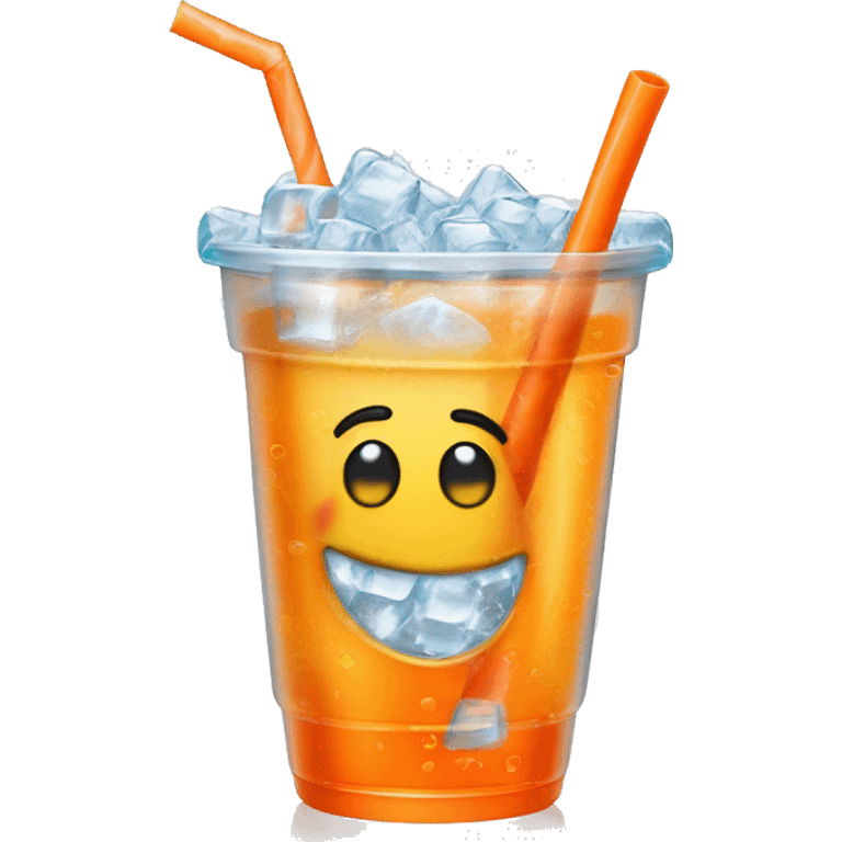 Realistic clear plastic cup half full of Transluscent soda with carbonation bubbles, carrot shaped ice cubes inside the cup and orange curly straw through the top  emoji