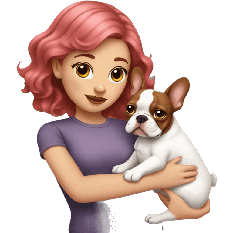  girl with medium pink wavy hair holding a brown and white french bulldog  emoji