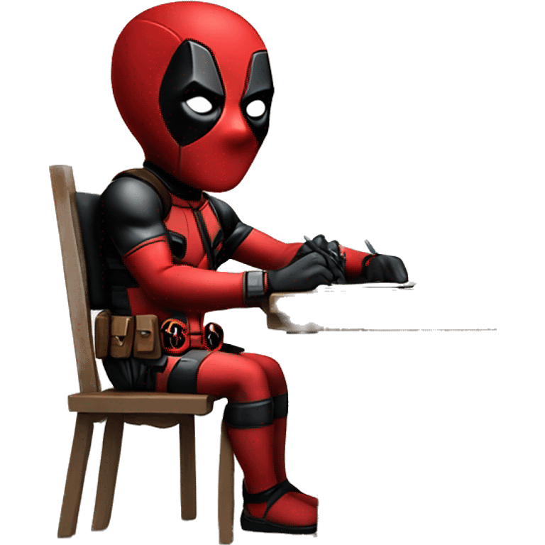 Cute Deadpool sitting at a desk, front view emoji