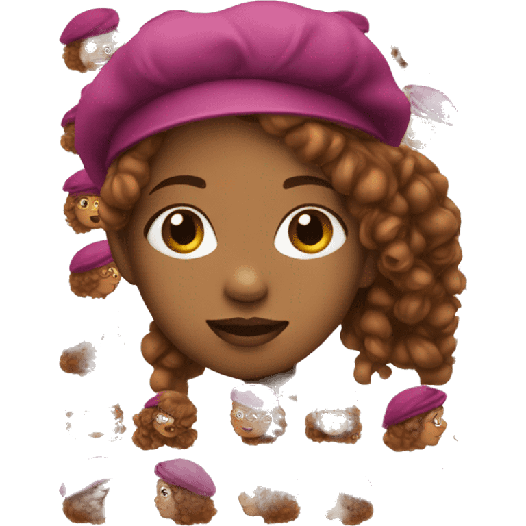 black girl with raspberry colored beret with brown hair emoji