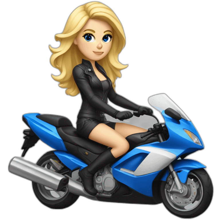 Femme blonde aux yeux bleus sur une moto emoji