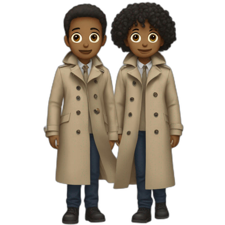 Two kids in one trenchcoat pretending to bé one person emoji