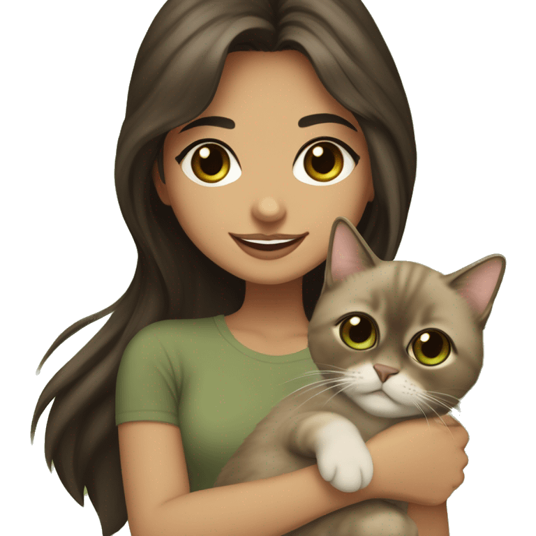 Pretty Persian girl with big brown eyes, light olive skin with medium length dark brown hair and full lips smiling holding her brown ragdoll/siamese cat with a darker brown face and big green eyes  emoji