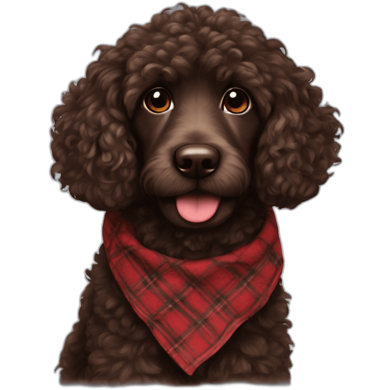 portrait Dark chocolate colored doodle with curly fur wearing a red and black flannel handkerchief emoji