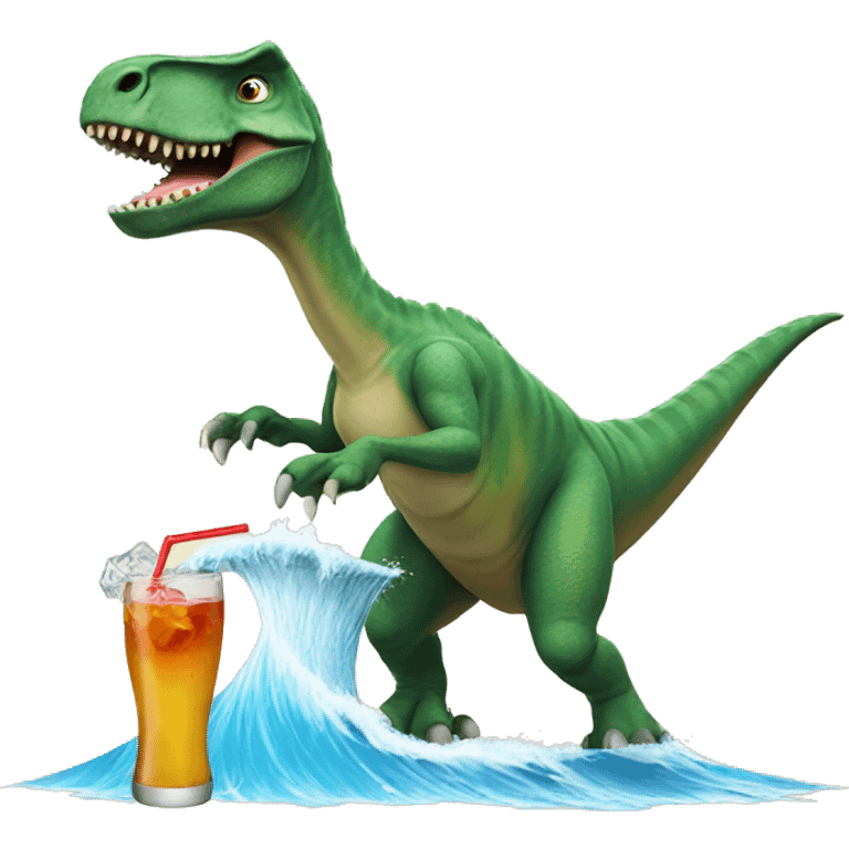 Dinosaur surfing with a drink  emoji