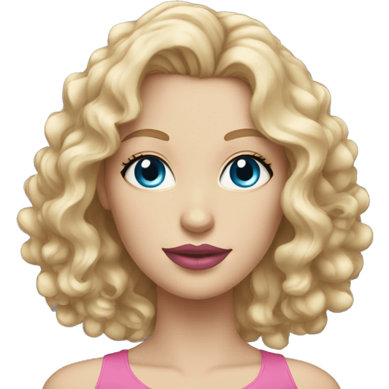 White woman with blue eyes, pink lips, blond curly hair emoji