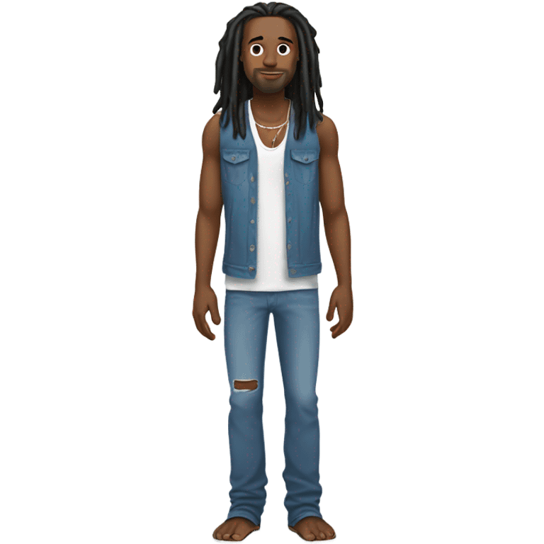 Indie Black man with white long dreadlocks, white tank top, blue flair jeans, barefoot, plain white background emoji