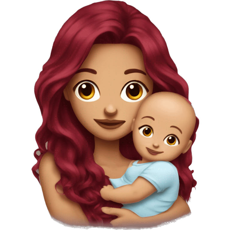 Beautiful tattooed burgundy long haired woman holding a baby emoji