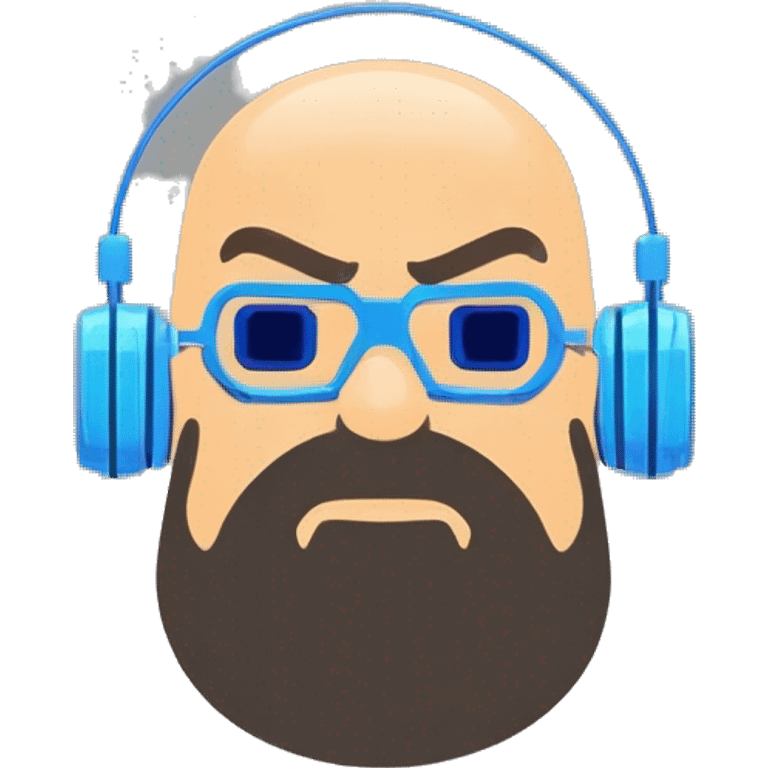 Bearded Fat bald cyborg head with tan skin, blue goggles and circuits emoji