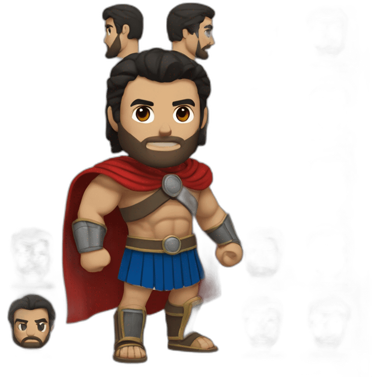 The Spartan Leonidas. Muscly physique. Wearing a red cape. Masculine. Black hair. Blue eyes. No beard. emoji