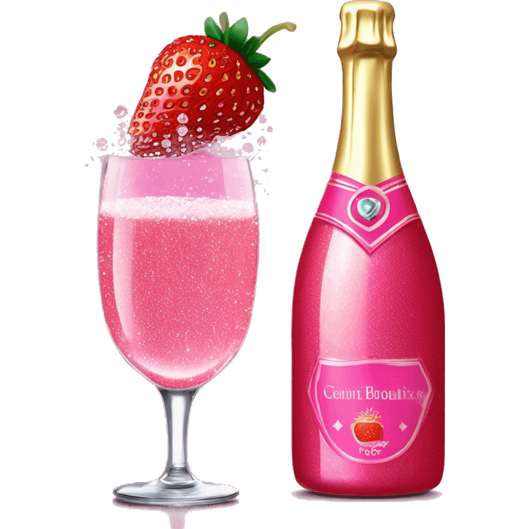 Realistic sparkling diamond glam hot pink champagne bottle with hot pink champagne in glass with strawberry ì> emoji