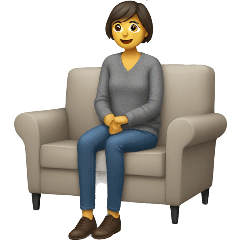 une brune assise dans un canapé avec un pull gris  emoji