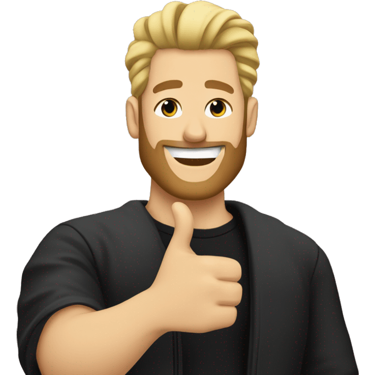 Blonde man with man bun and beard dressed in a black tshirt and black jacket giving two thumbs up and winking emoji