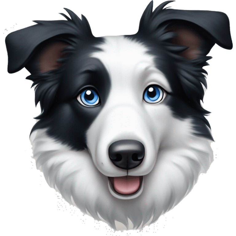 "Border Collie with striking ice-blue eyes, black and white fur pattern. White face with black patches around eyes and ears. Perked triangular ears and fluffy, well-groomed coat."​​​​​​​​​​​​​​​​ emoji