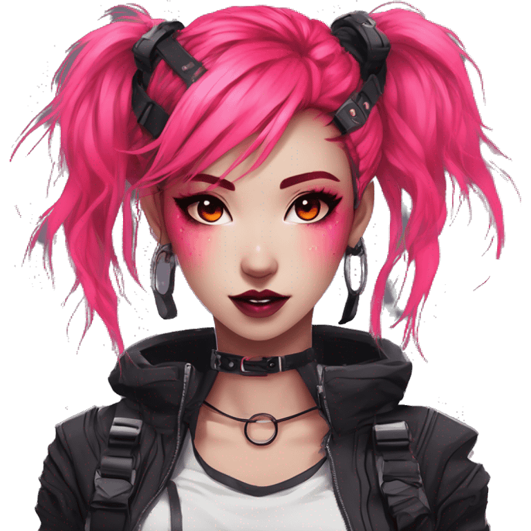 Gorgeous bright colorful neon gothic techwear anime style lady with blushing face aesthetic and pretty edgy black red punk messy hair with collar and harness trending style emoji