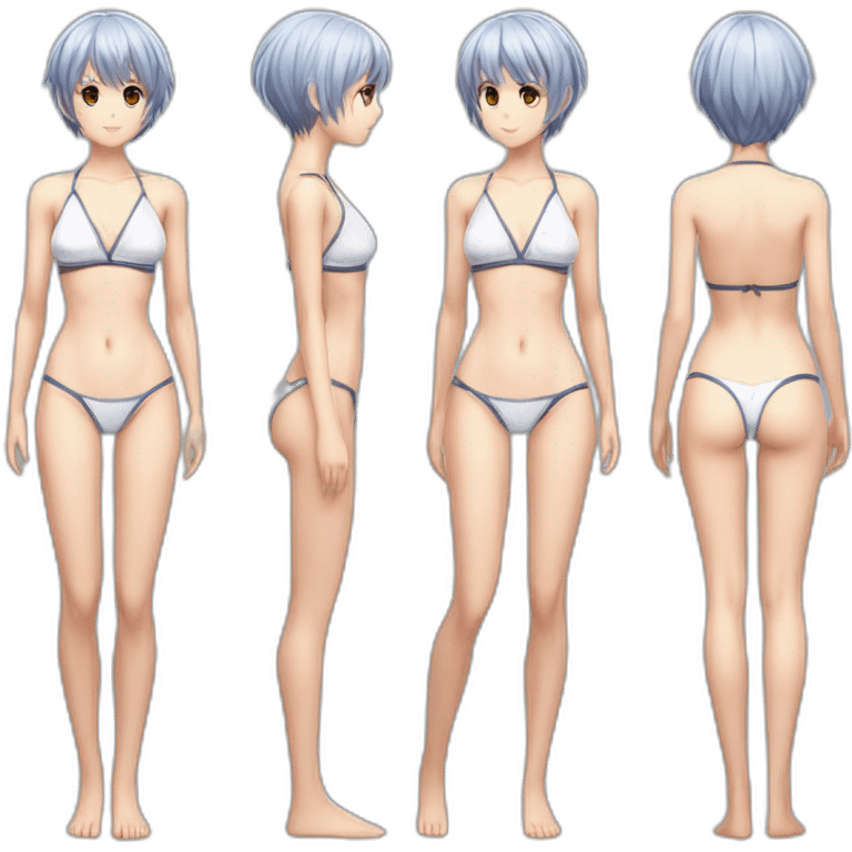 realistic full body rei ayanami nue short hair teen back and front views bikini emoji