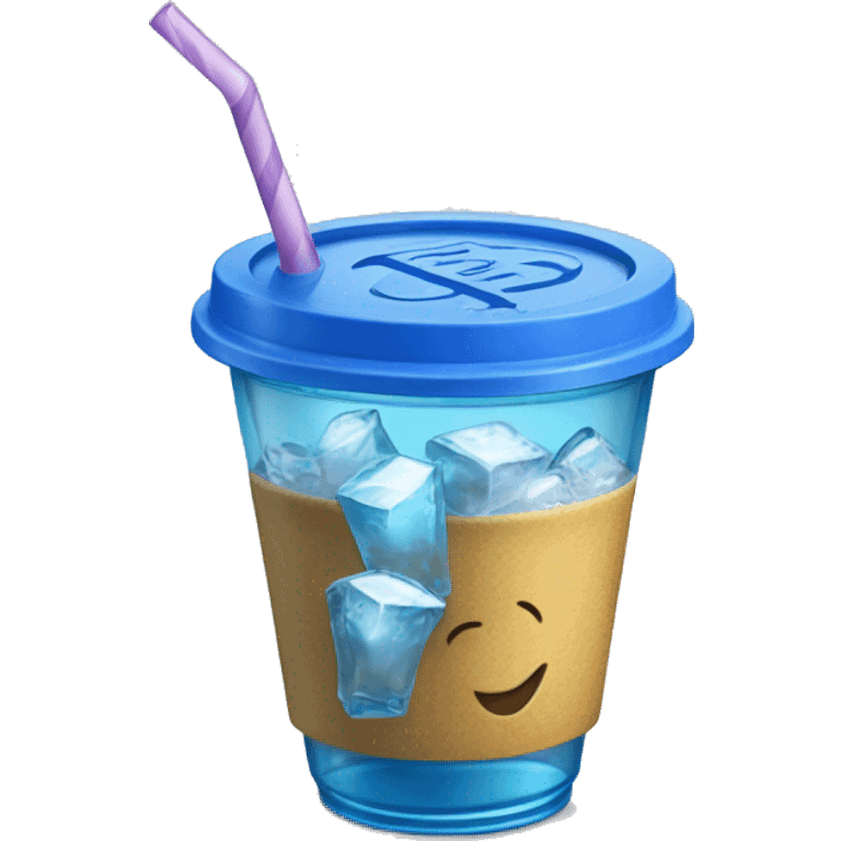 Realistic plastic cup and lid with blue soda and large ice cubes inside and straw through the top of the lid. emoji