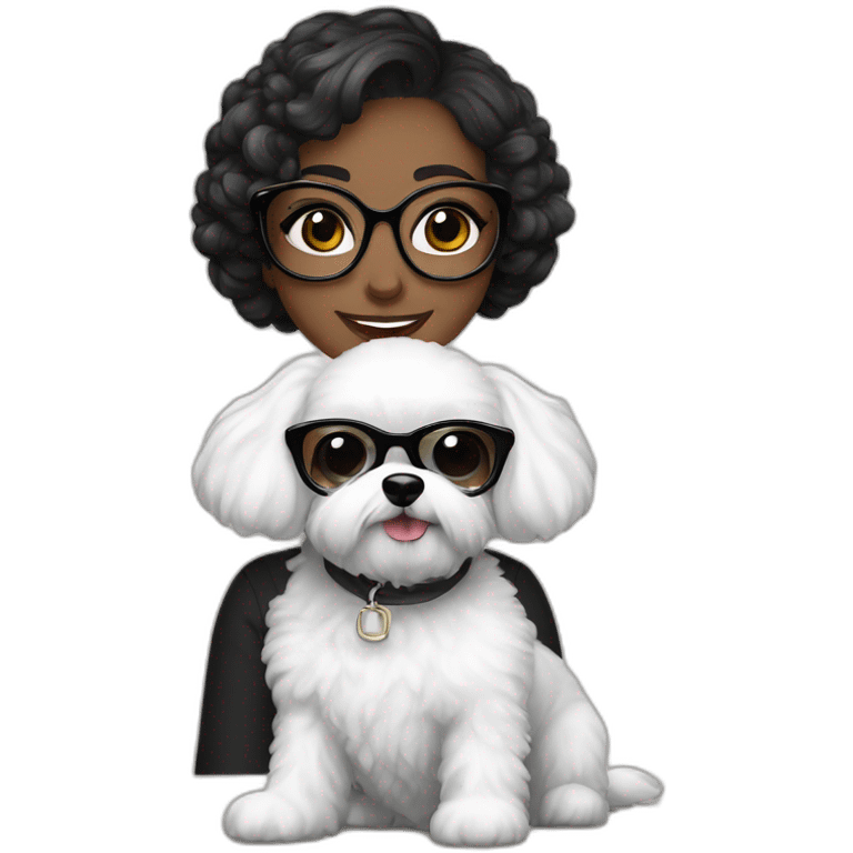 mujer cabello negro largo gafas y perro bichon blanco emoji