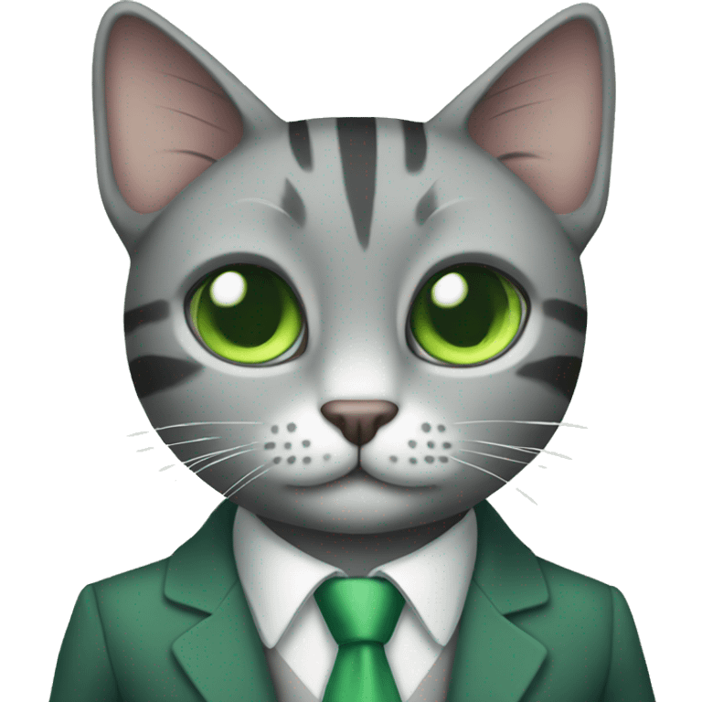 Grey striped cat with green eyes with suit emoji