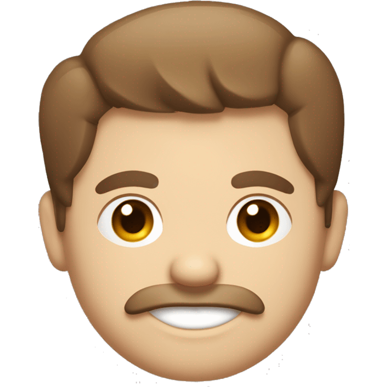 a chubby, round faced caucasian man smiling with dark brown hair, mustache and short beard, smiling mischeiviously with little devil horns barely visible poking up from under the hair. emoji